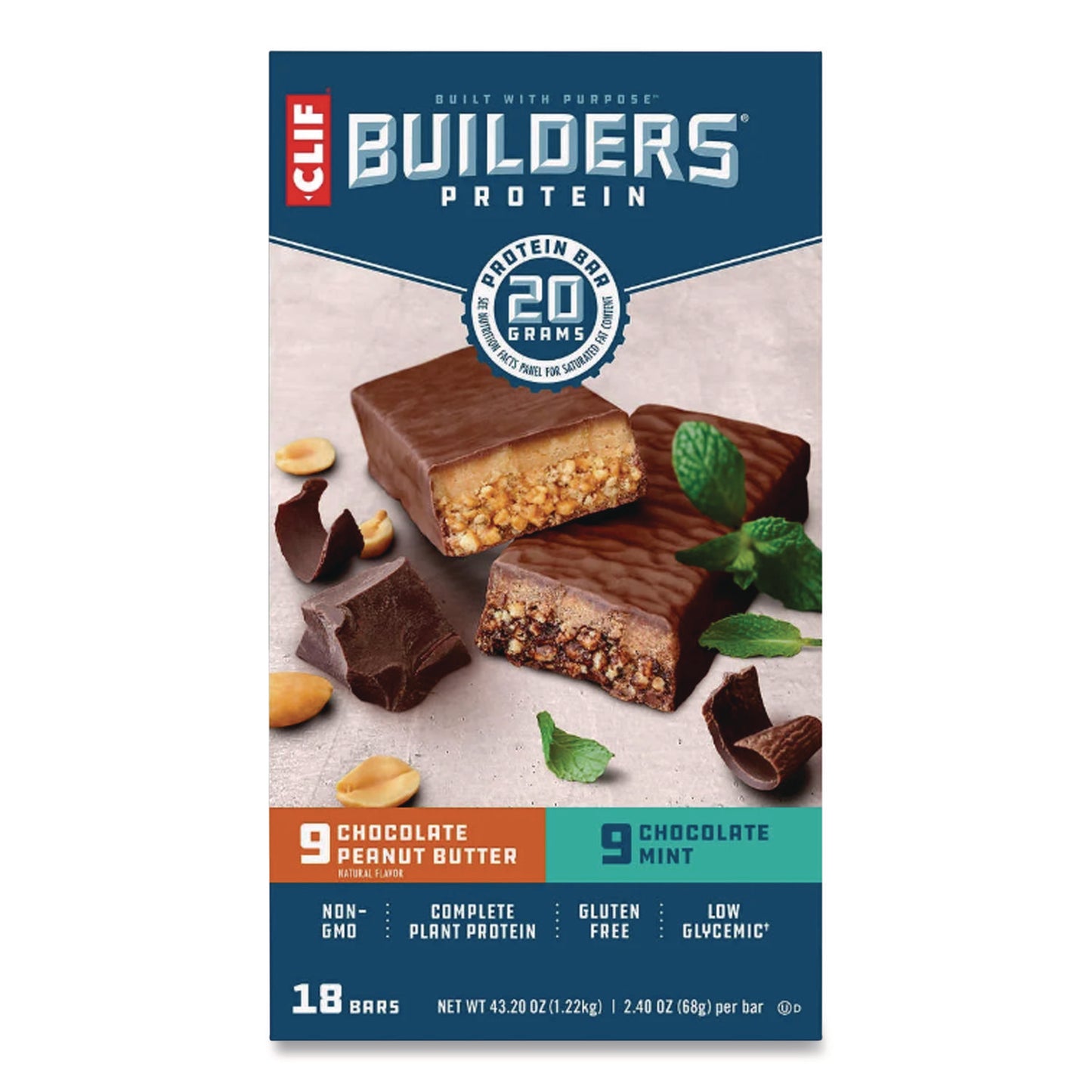 Builders Protein Bar, Variety Pack, Chocolate Mint/Chocolate Peanut Butter, 2.4 oz Bar, 18 Bars/Box
