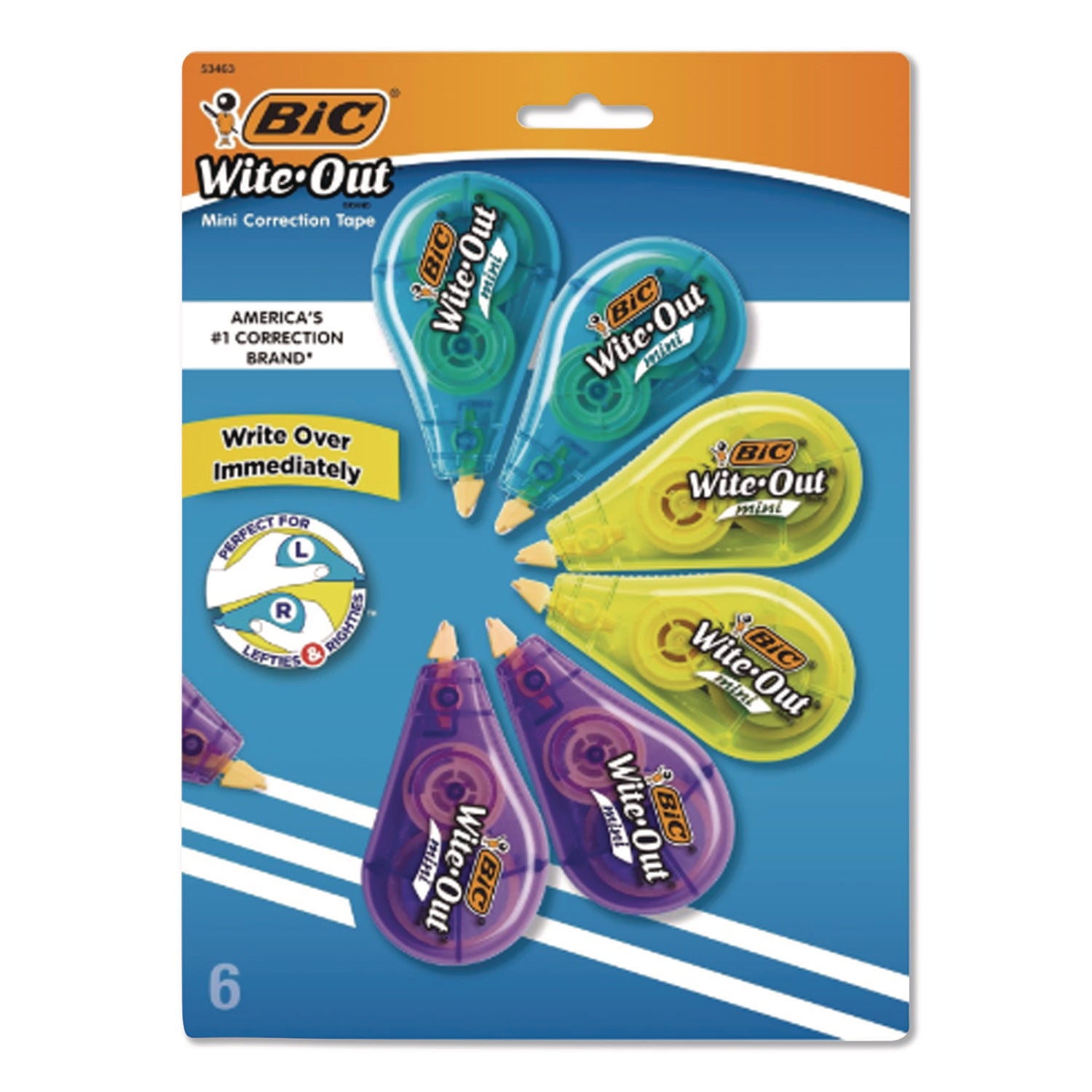 Wite-Out Brand Mini Correction Tape, Non-Refillable, 0.2" x 26.2 ft, White Tape, Assorted Dispenser Colors, 6/Pack