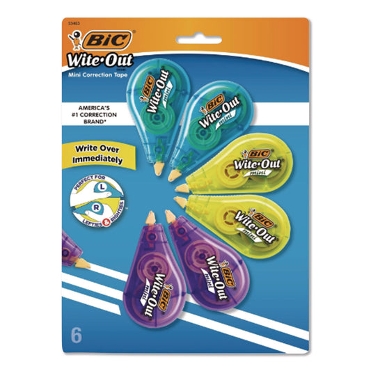 Wite-Out Brand Mini Correction Tape, Non-Refillable, 0.2" x 26.2 ft, White Tape, Assorted Dispenser Colors, 6/Pack