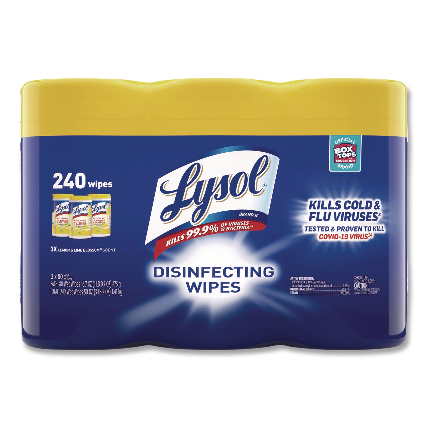 Disinfecting Wipes, 1-Ply, 7 x 7.25, Lemon and Lime Blossom, White, 80 Wipes/Canister, 3 Canisters/Pack