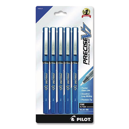 Precise V7 Rollerball Pen, Stick, Fine 0.7 mm, Blue Ink, Blue/Clear Barrel, 5/Pack