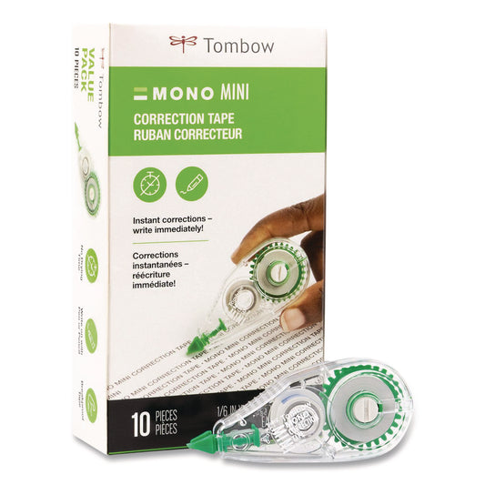 MONO Mini Correction Tape Value Pack, Non-Refillable, 0.17" x 26.25 ft, White Tape, Clear/Green Dispenser, 10/Pack