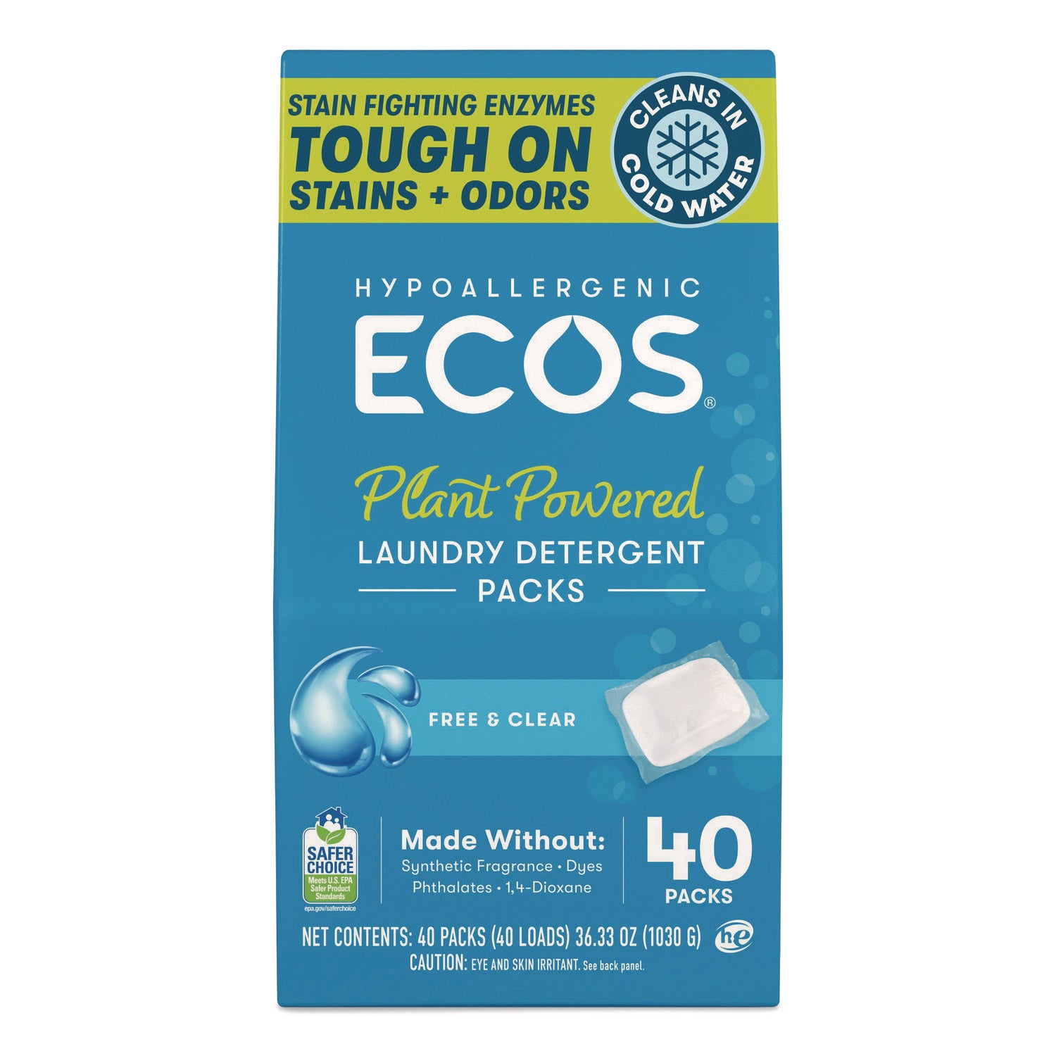 Laundry Detergent Packs, Free and Clear, 40/Pack
