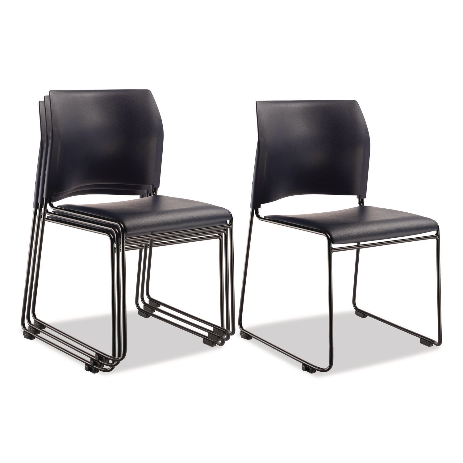 8700 Series Cafetorium Plush Vinyl Stack Chair, Supports Up to 500 lb, 18" Seat Height, Blue Seat/Back, Black Base, 4/Carton