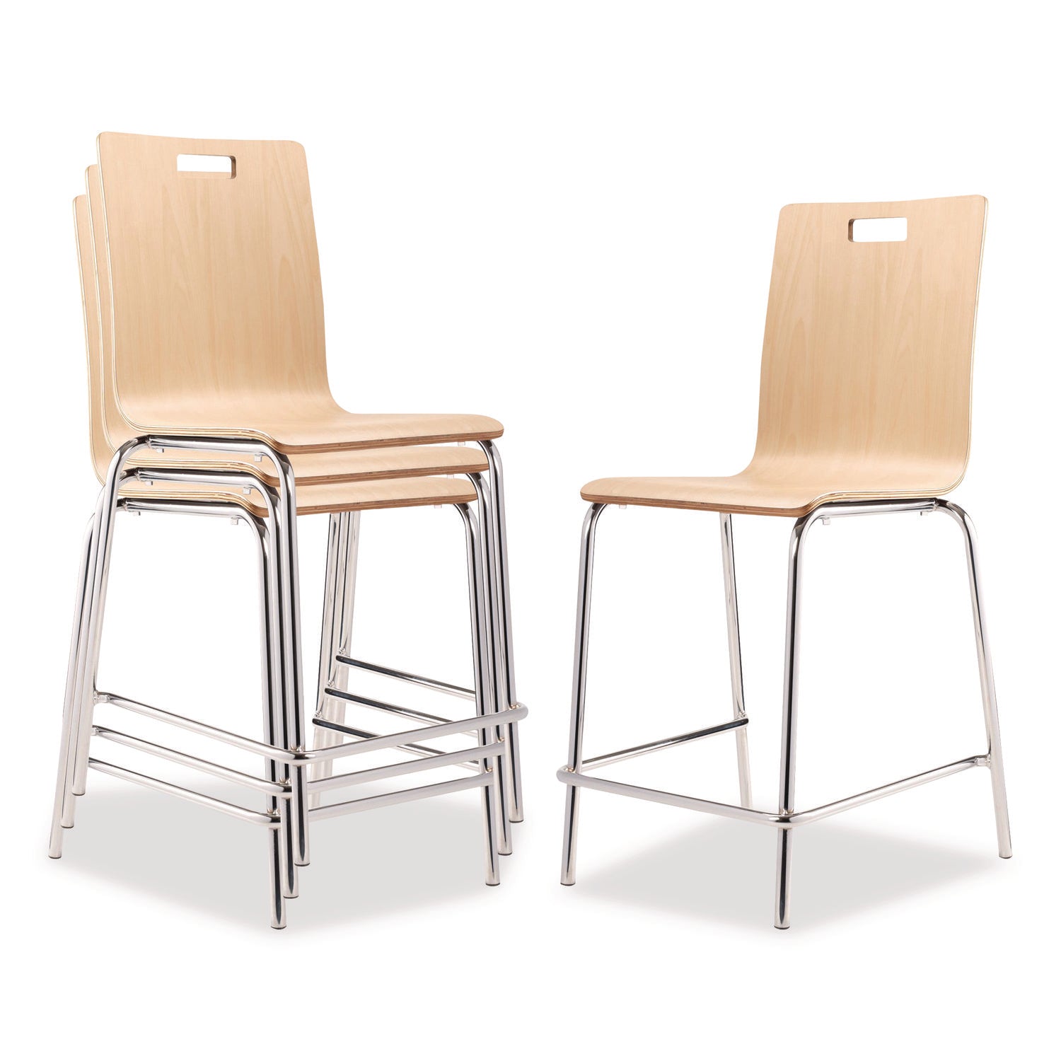 Bushwick Series Bentwood Stool, Counter Height, Supports Up to 500 lb, 24" Seat Height, Natural Seat/Back, Chrome Base, 4/CT