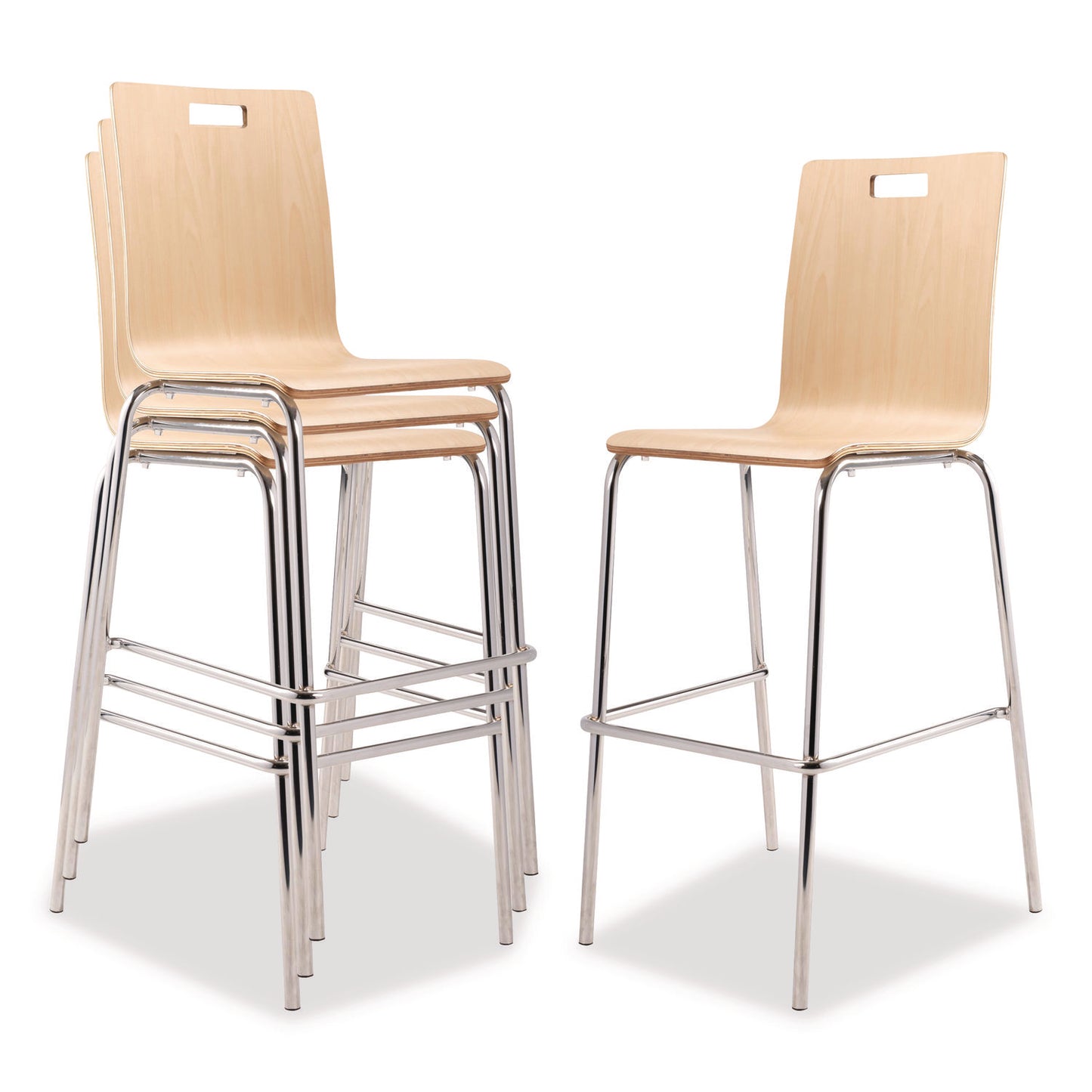Bushwick Series Bentwood Stool, Supports Up to 500 lb, 30" Seat Height, Natural Seat, Natural Back, Chrome Base, 4/Carton