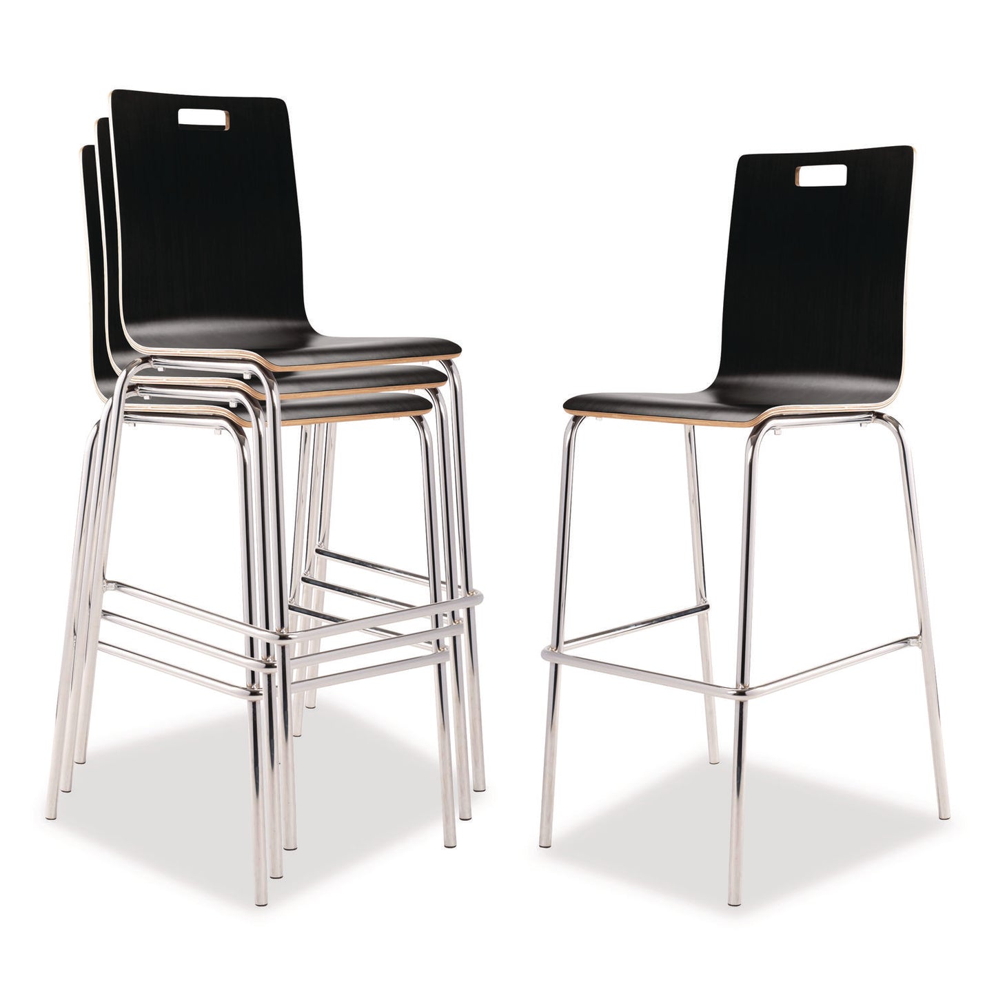 Bushwick Series Bentwood Stool, Supports Up to 500 lb, 30" Seat Height, Black Seat, Black Back, Chrome Base, 4/Carton