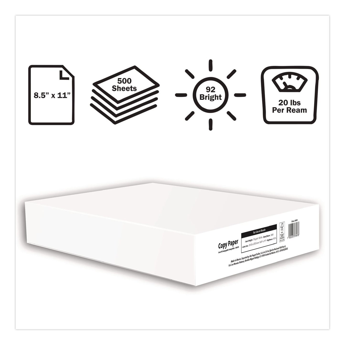 Office Paper, 92 Bright, 20 lb Bond, 8.5 x 11, White, 500 Sheets/Ream, 10 Reams/Carton, 40 Cartons/Pallet, 21 PLT/Truckload