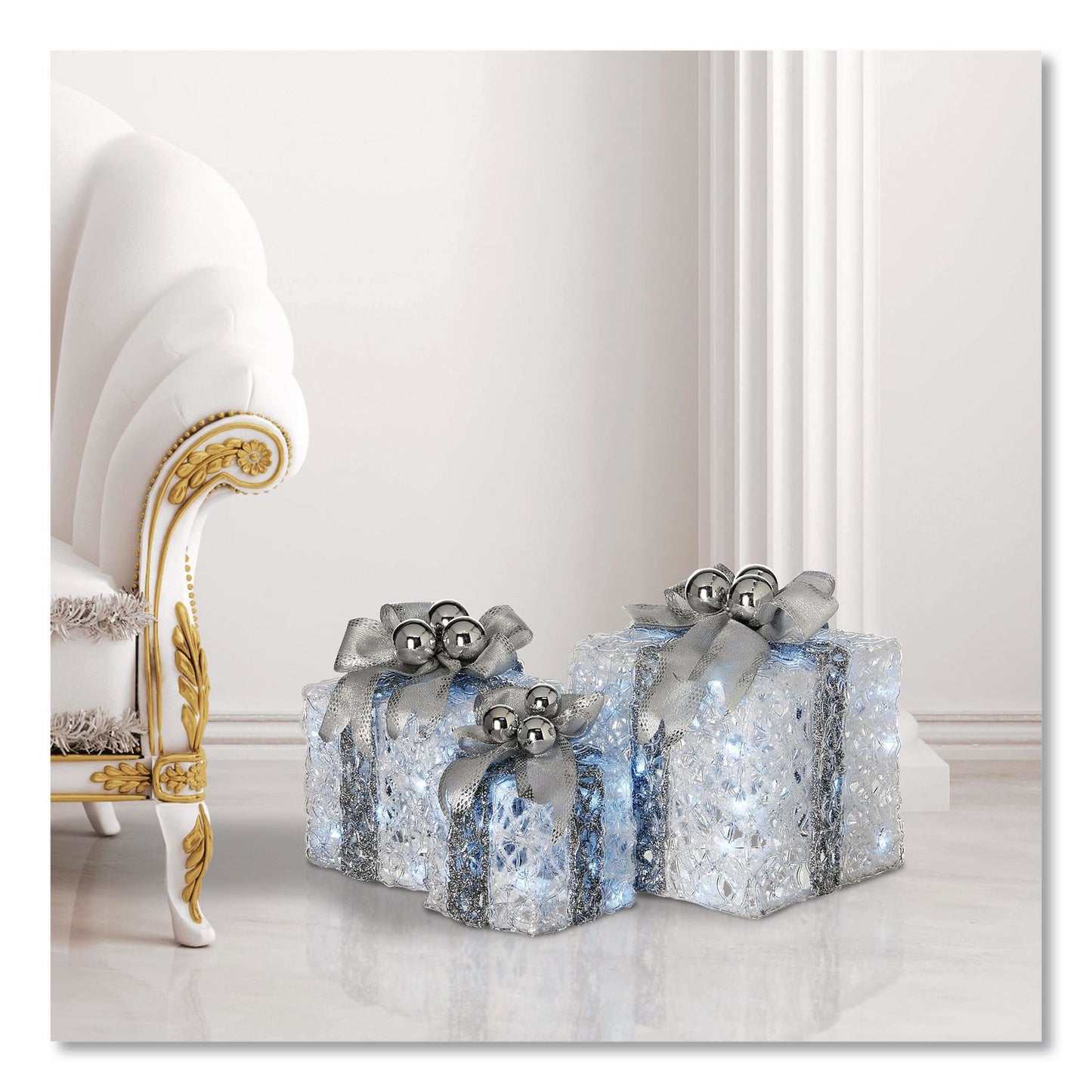 Pre-Lit Decorated White Gift Box Assortment, AC Powered, Cool White LED Lights, 8", 10", 12", White