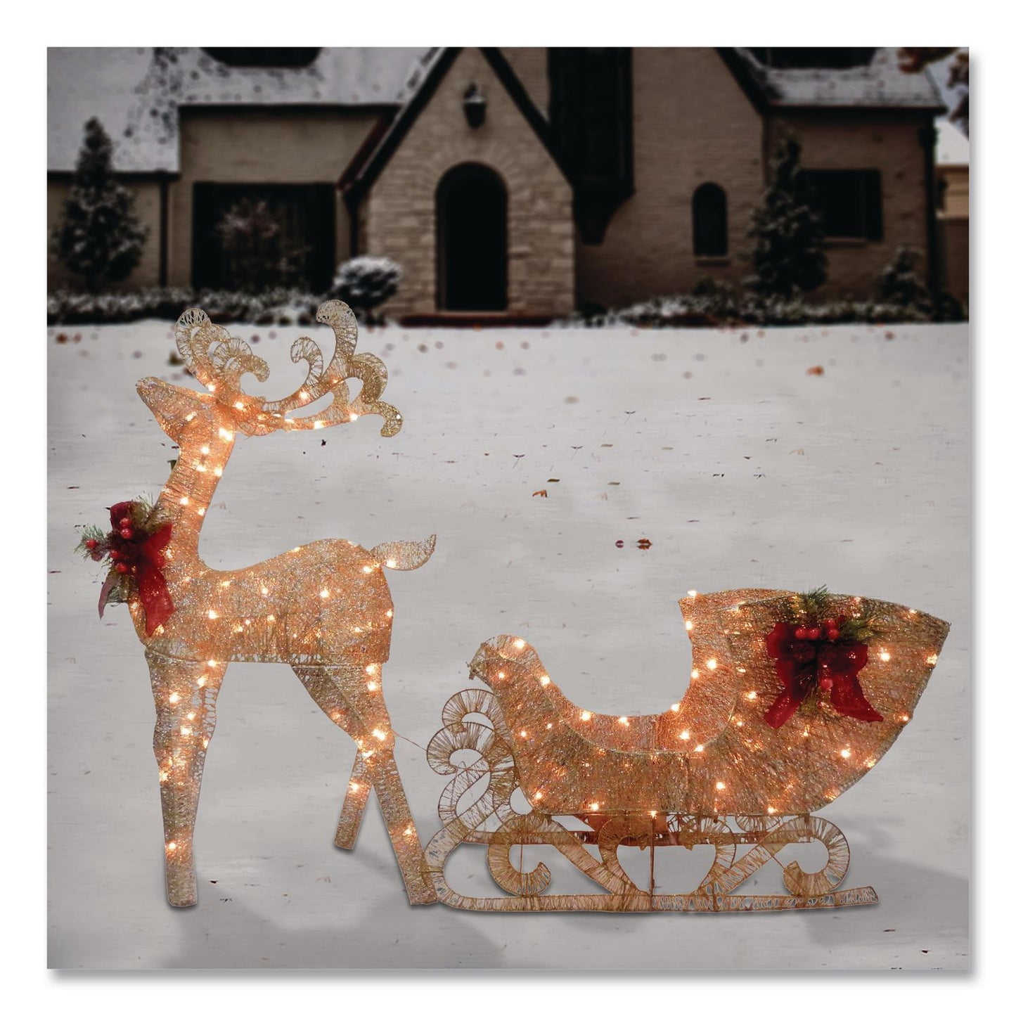 Champagne Reindeer Pulling Sleigh, AC Power, Warm White LED Lights, 13.5" x 24" x 48" Reindeer, 13.5" x 38.5" x 24" Sleigh