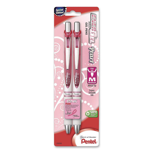 EnerGel Pearl Deluxe Pink Special Edition Liquid Gel Pen, Retractable, Medium 0.7 mm, Pink Ink, White Pearl/Pink Barrel, 2/PK