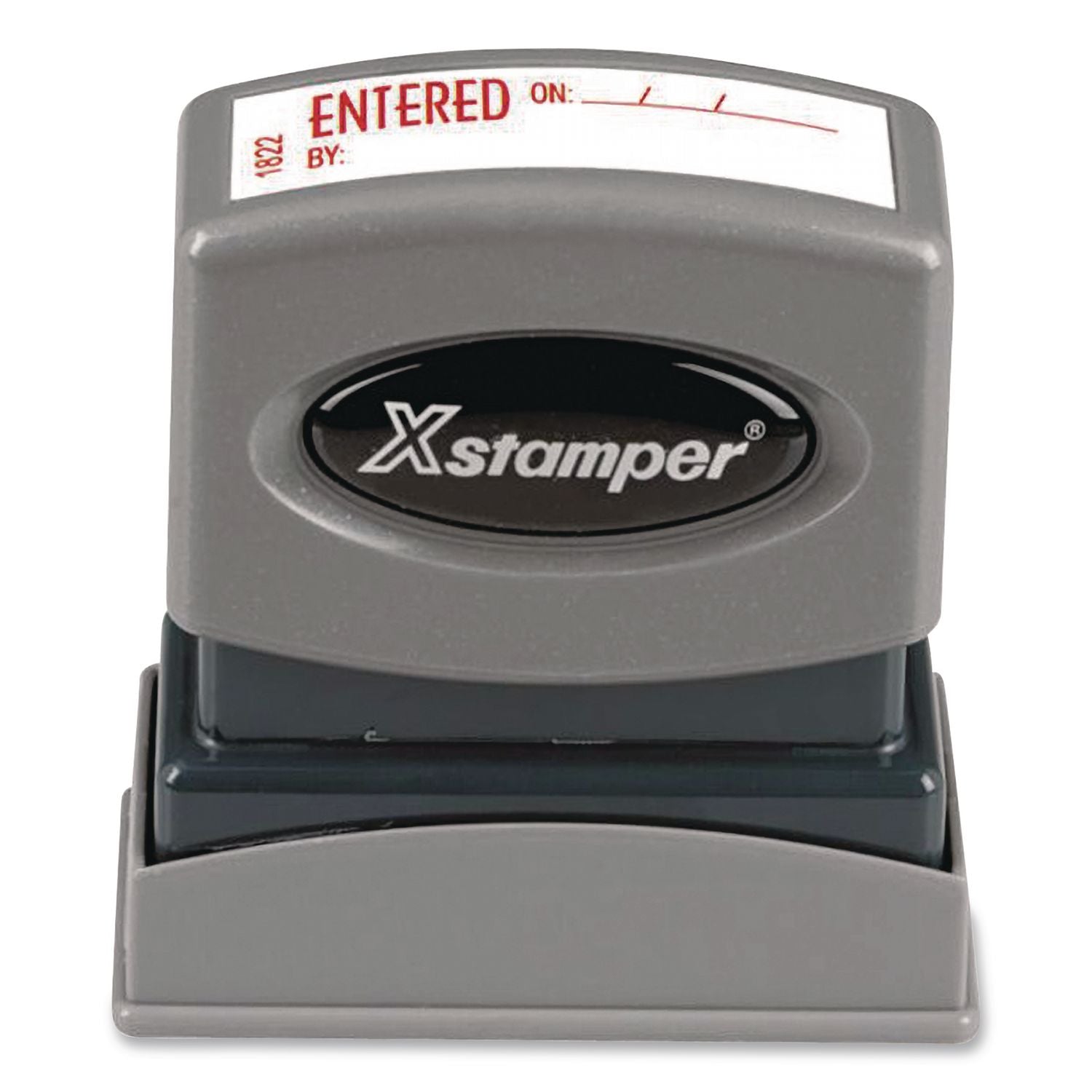 Pre-Inked One-Color Stock Stamp, ENTERED ON/BY, 1.62 x 0.5, Red Ink