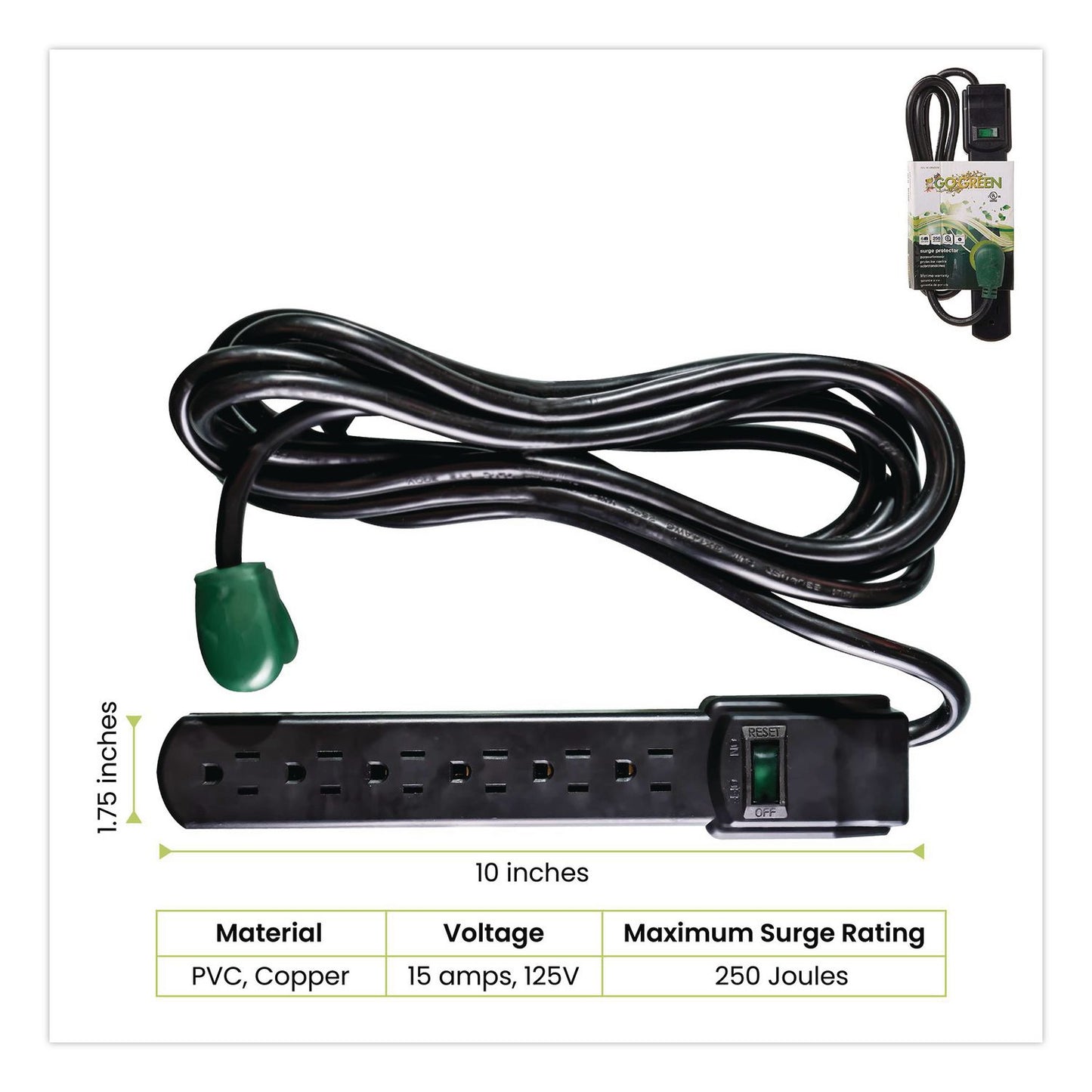 6 Outlet Surge Protector, 6 ft Cord, 250 J, Black