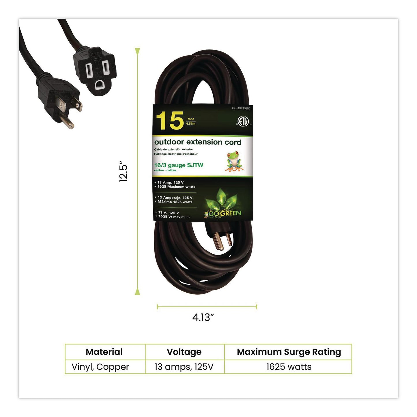 16 AWG Outdoor Extension Cord, 15 ft, 13 A, Black