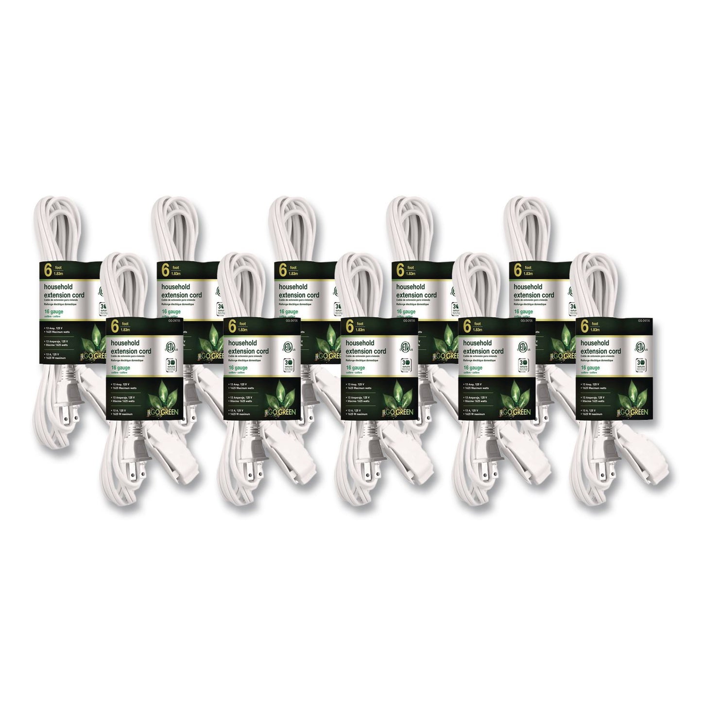 Household Extension Cord, 6 ft, 13 A, White 10/Pack