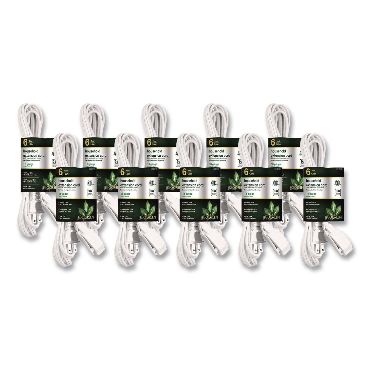 Household Extension Cord, 6 ft, 13 A, White 10/Pack