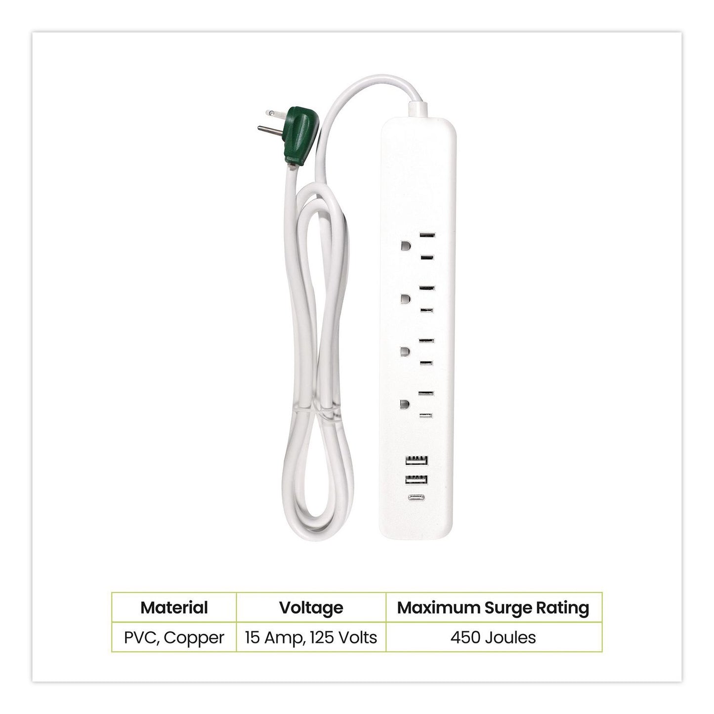 Four-Outlet Surge Protector with Three USB Ports, 4 ft Cord Length Cord, 450 J, White