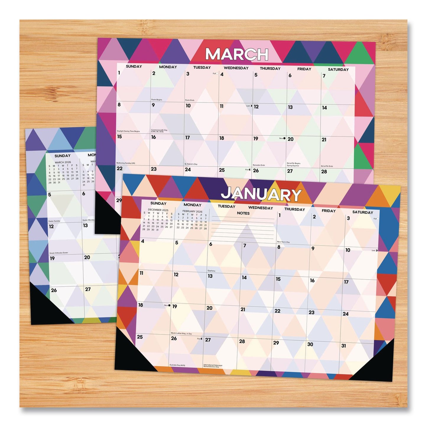 Modern Small Geometric Monthly Desk Pad Calendar, 17 x 12, Multicolor Sheets, Black Headband/Corners, 12-Month (Jan-Dec) 2026