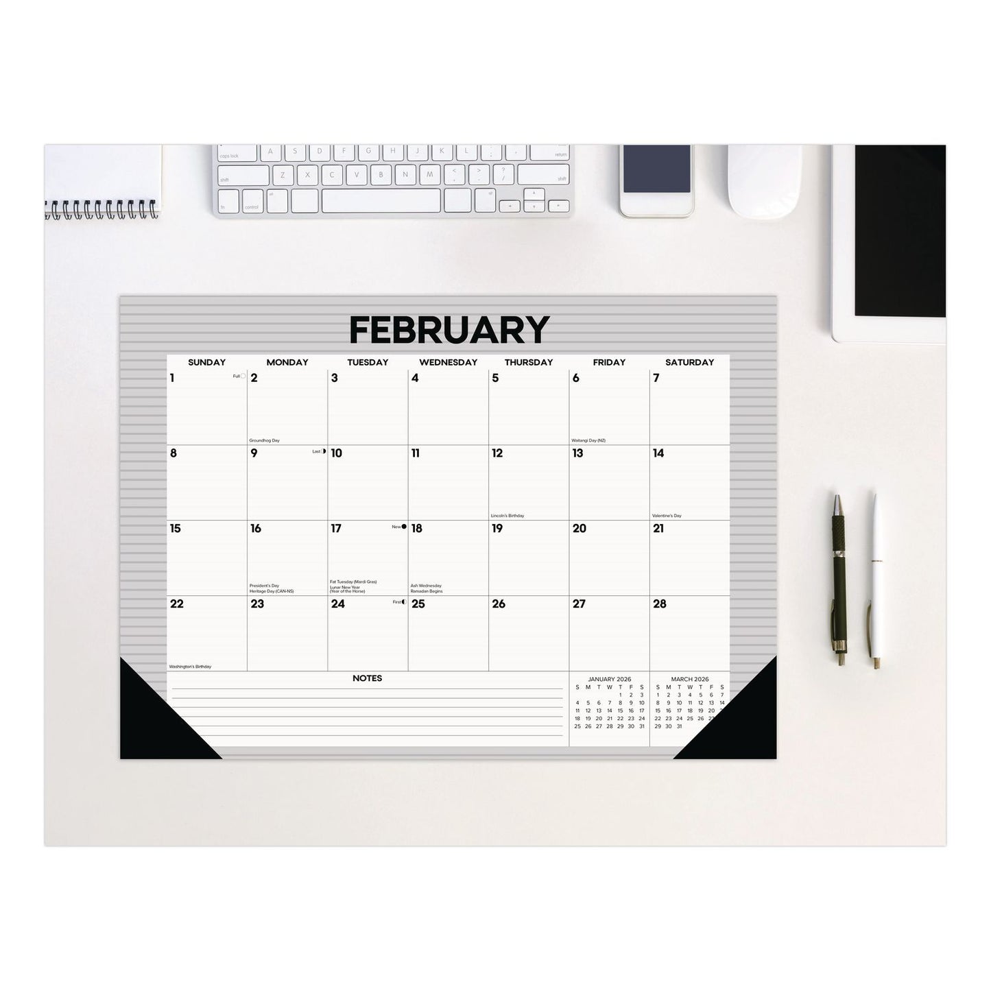 Pinstripe Small Monthly Desk Pad Calendar, 17 x 12, White/Gray Sheets, Black Headband, Black Corners, 12-Month (Jan-Dec) 2026