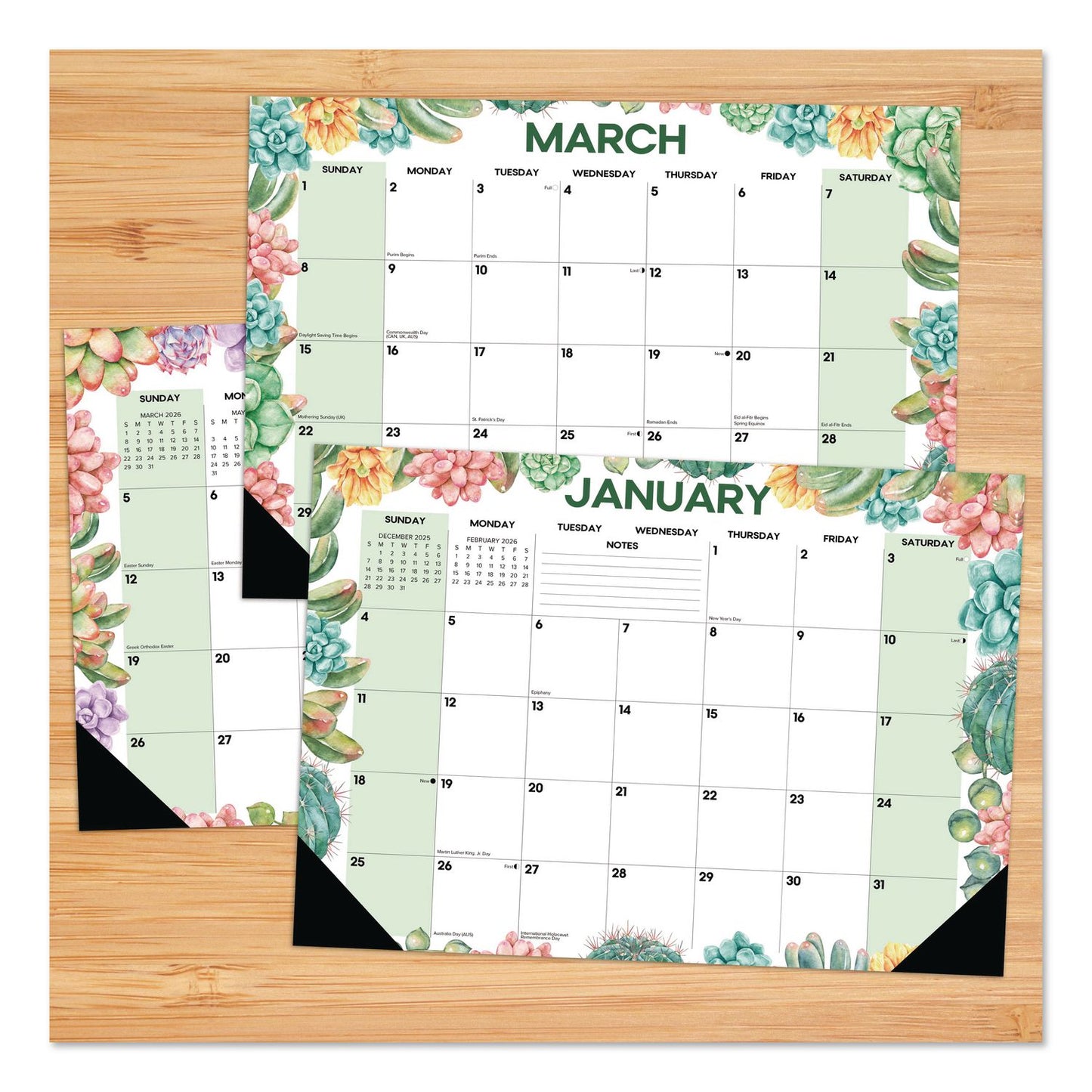 Succulents Small Monthly Desk Pad Calendar, 17 x 12, White Sheets, Black Headband/Corners, 12-Month (Jan to Dec): 2026