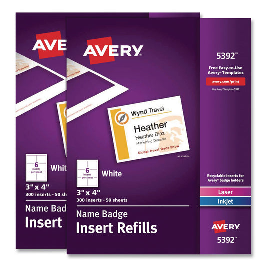 Name Badge Insert Refills, Horizontal, 3 x 4, White, 600/Pack