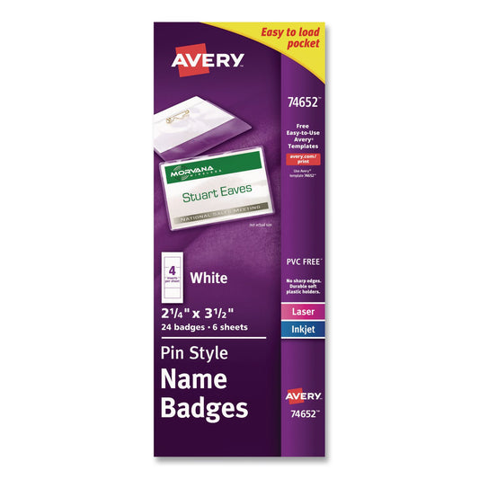 Pin-Style Badge Holder with Laser/Inkjet Insert, Top Load, 3.5 x 2.25, White, 24/Pack