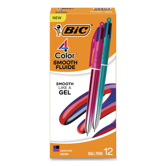 4-Color Smooth Multi-Color Ballpoint Pen, Retractable, Medium 1mm, Black/Blue/Purple/Red Ink, Assorted Barrel Colors, 12/Pack