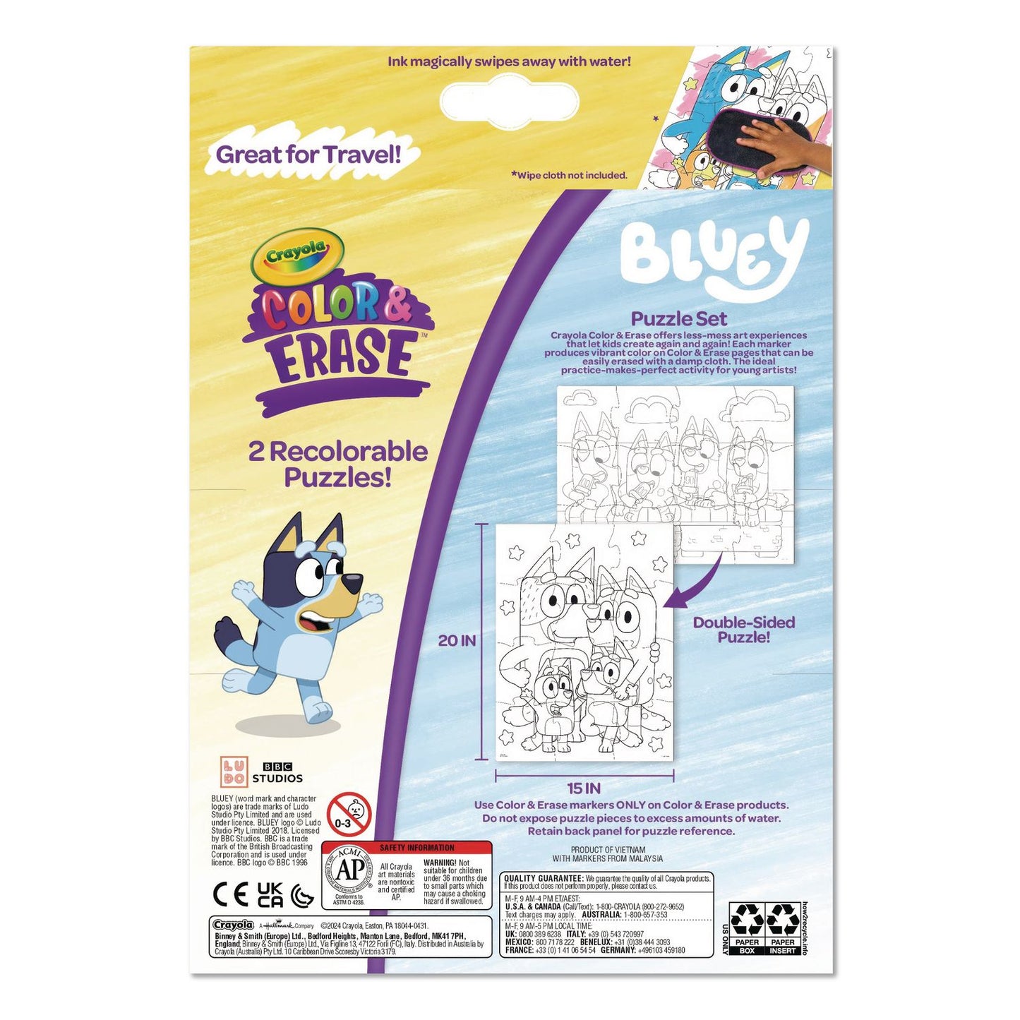 Bluey Color and Erase Reusable Puzzle Set with (12) Two-Sided Puzzle Pieces and (4) Markers, Ages 3 and Up, 16 Pieces