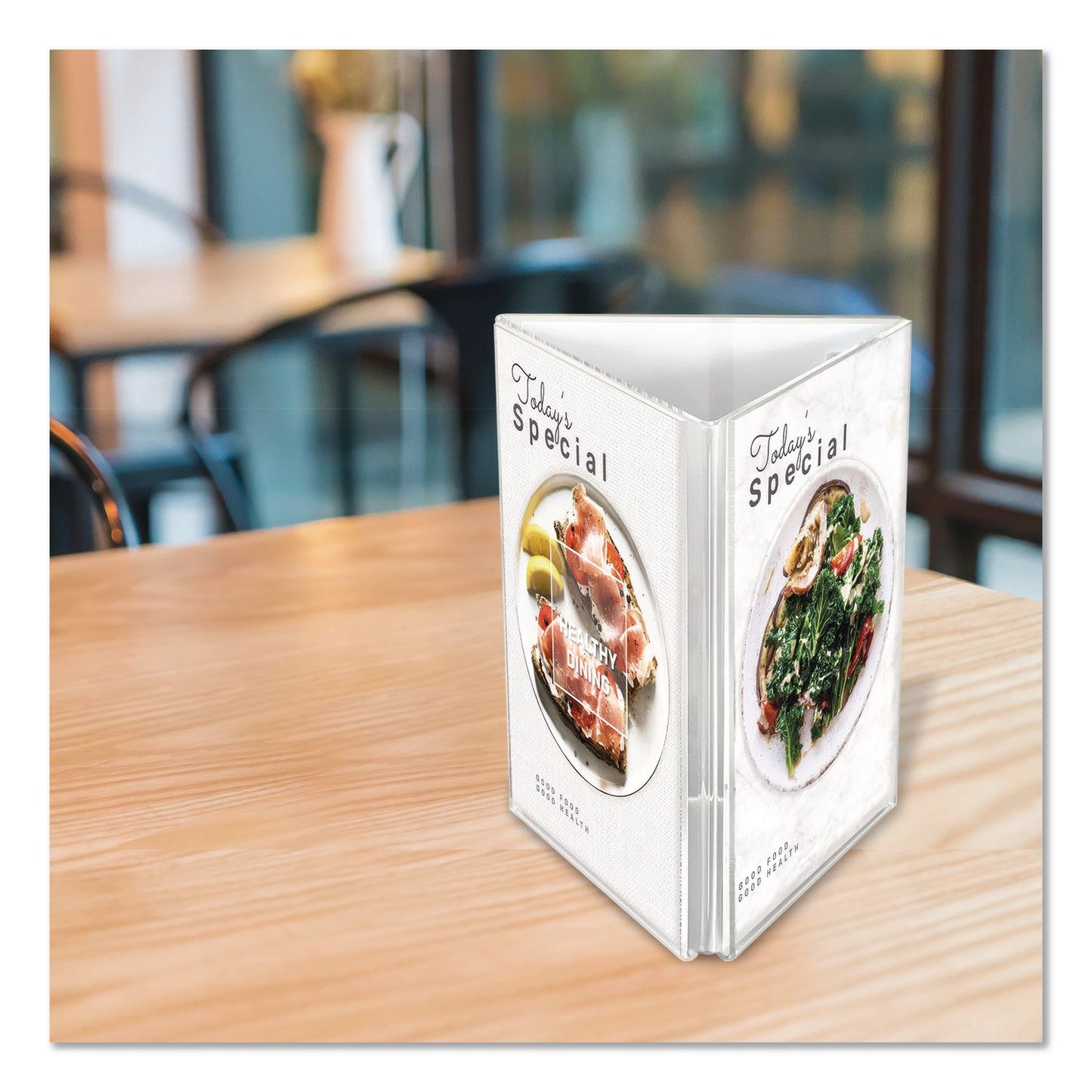 Tabletop Three-Sided Sign Holder, 5 x 7 Insert, Clear
