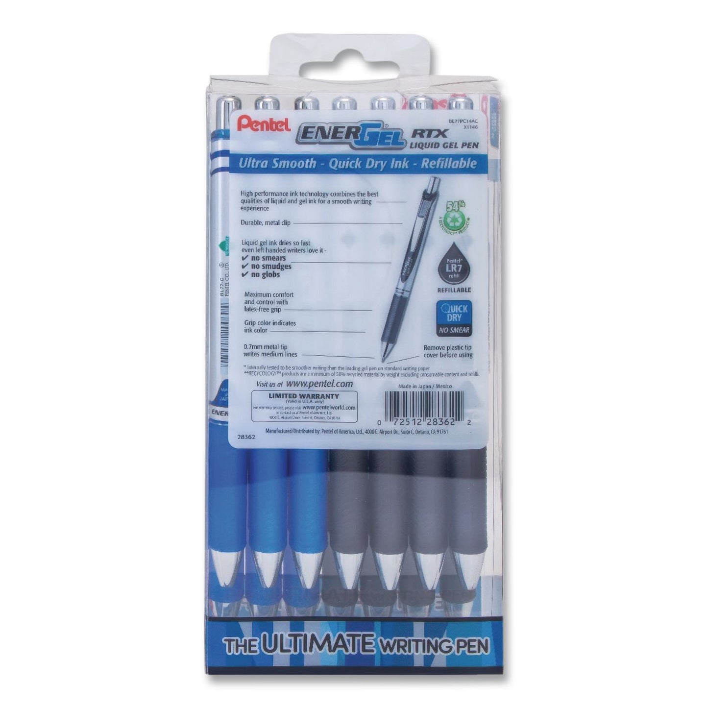 EnerGel RTX Gel Pen, Retractable, Medium 0.7 mm, Assorted Ink and Barrel Colors, 14/Pack