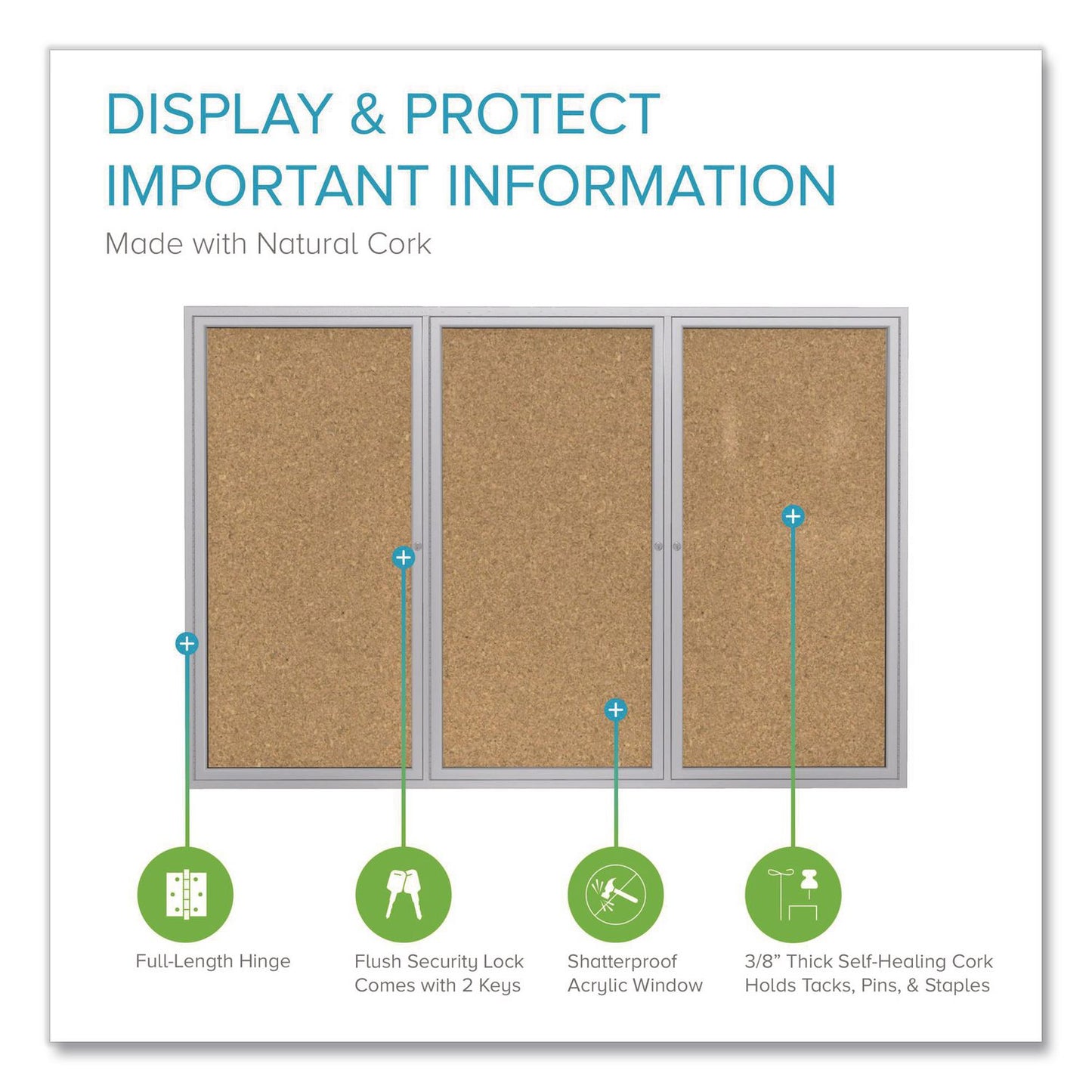 3 Door Enclosed Natural Cork Bulletin Board with Satin Frame, 96" x 48", Tan Surface, Satin Aluminum Frame