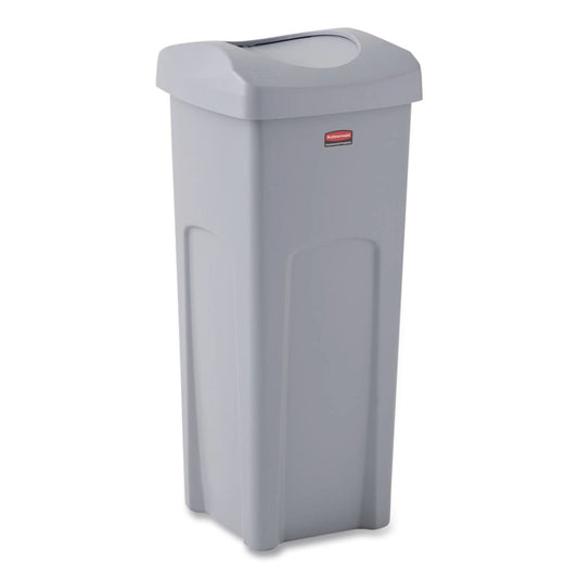 Universal Square Trash Can with Swing Lid, 23 gal, Plastic, Gray