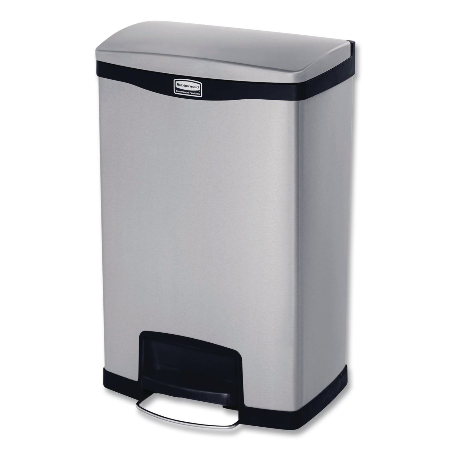 Slim Jim Stainless Steel Step-On Container, Front Step Style, 13 gal, Stainless Steel, Black
