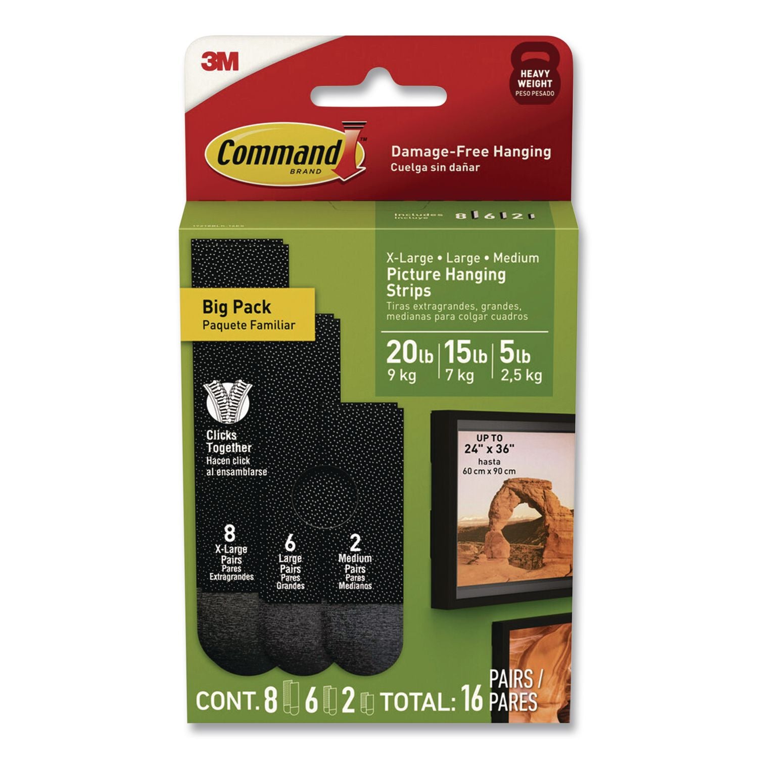 Damage-Free Hanging Picture Hanging Strip Pairs, (8) XL (0.86 x 4.37), (6) L (0.75" x 3.65"), (2) Med (0.75 x 2.75), Black