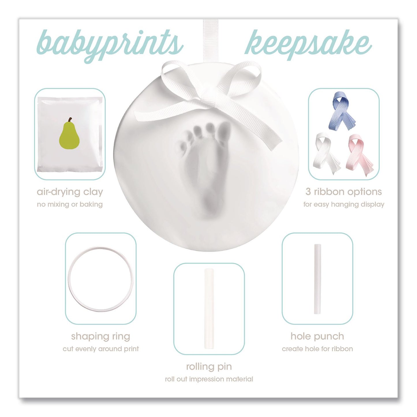 Babyprints Handprint or Footprint Keepsake Ornament Kit, 100% Baby Safe Impression Material/Shaping Ring/Ribbon/Pin