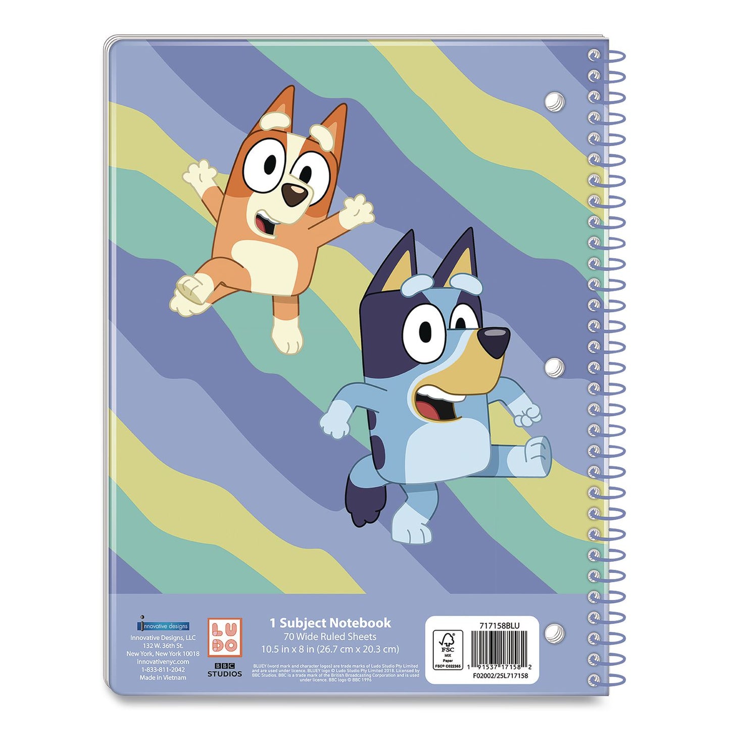 Licensed Spiral Notebook, Bluey and Bingo, 1-Subject, Wide/Legal Rule, Multicolor Cover, (70) 10.5 x 8 Sheets