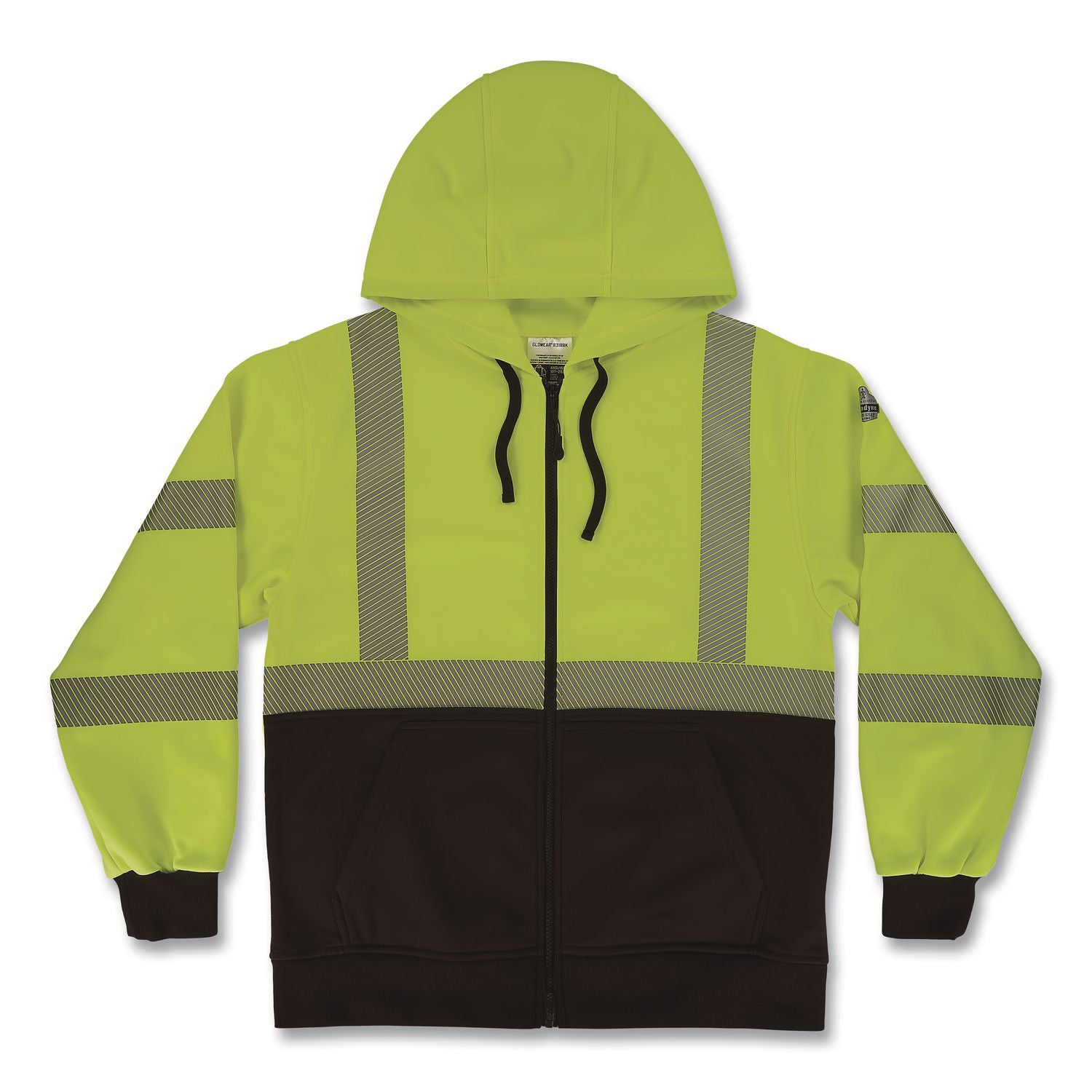 GloWear 8318BK Class 3 Performance Hi-Vis Hooded Zip-Up Sweatshirt with Black Bottom, Medium, Lime