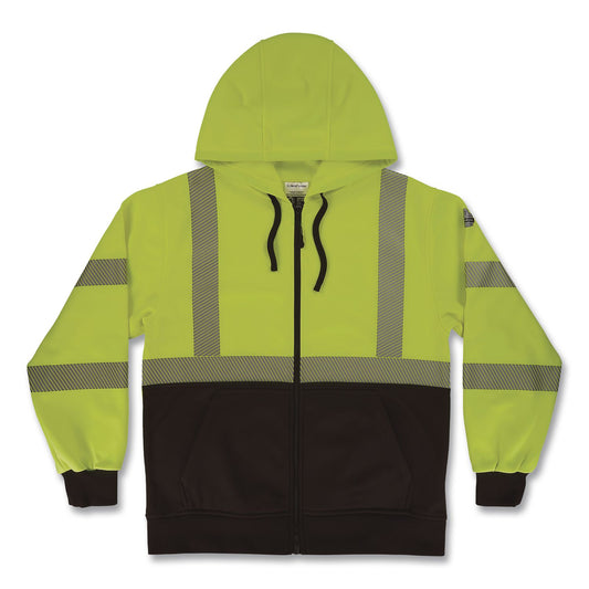 GloWear 8318BK Class 3 Performance Hi-Vis Hooded Zip-Up Sweatshirt with Black Bottom, Medium, Lime