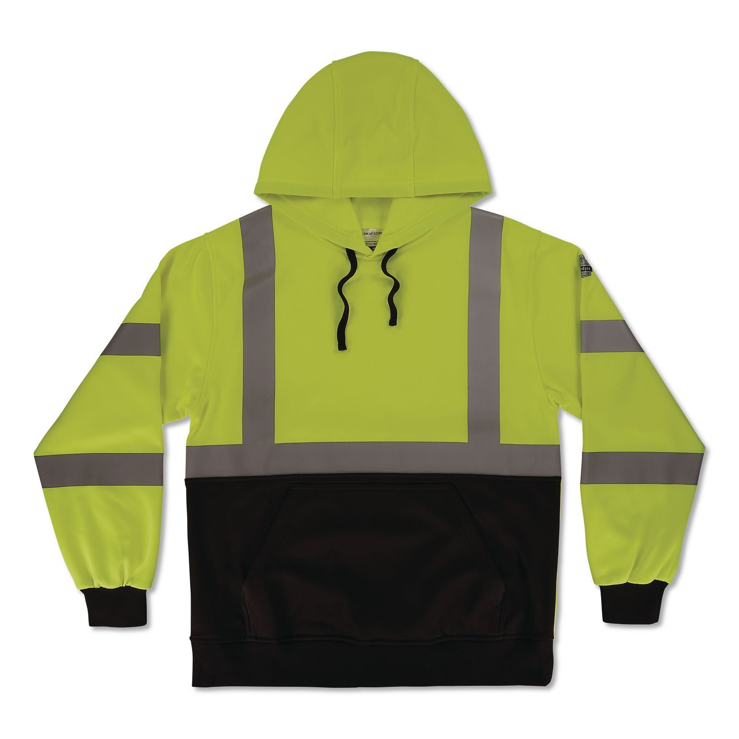 GloWear 8311BK Class 3 Essential Hi-Vis Hooded Sweatshirt with Black Bottom, X-Large, Lime