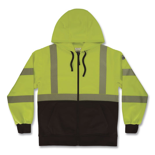 GloWear 8318BK Class 3 Performance Hi-Vis Hooded Zip-Up Sweatshirt with Black Bottom, X-Large, Lime