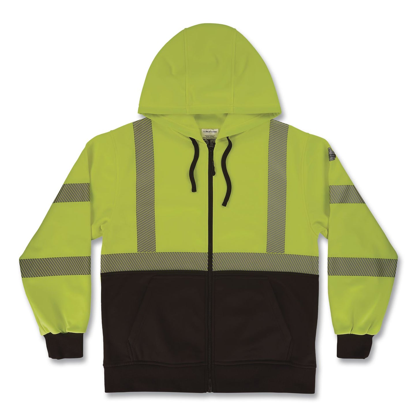 GloWear 8318BK Class 3 Performance Hi-Vis Hooded Zip-Up Sweatshirt with Black Bottom, 2X-Large, Lime