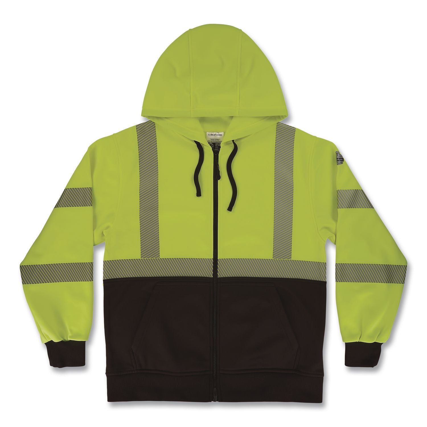 GloWear 8318BK Class 3 Performance Hi-Vis Hooded Zip-Up Sweatshirt with Black Bottom, 3X-Large, Lime