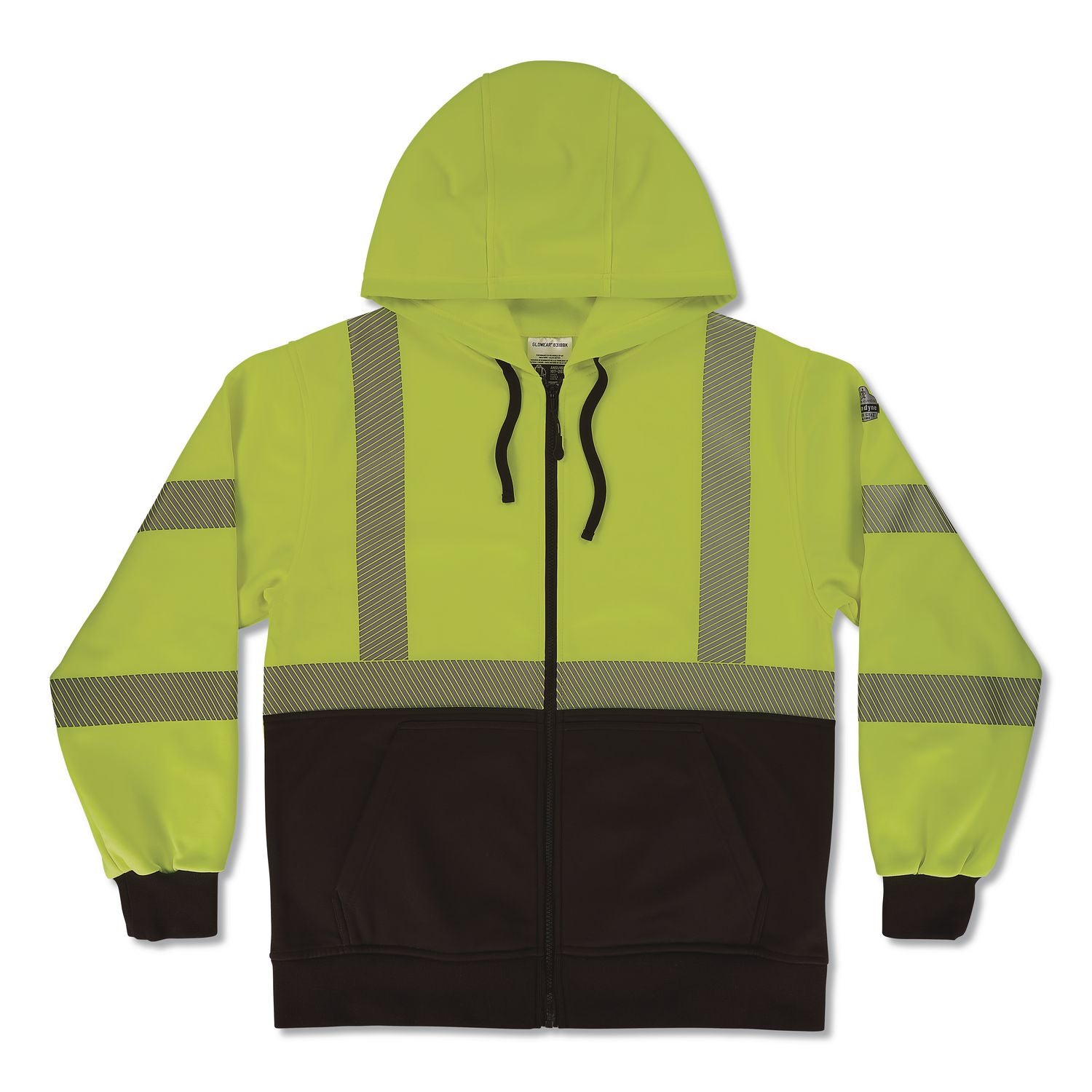 GloWear 8318BK Class 3 Performance Hi-Vis Hooded Zip-Up Sweatshirt with Black Bottom, 5X-Large, Lime