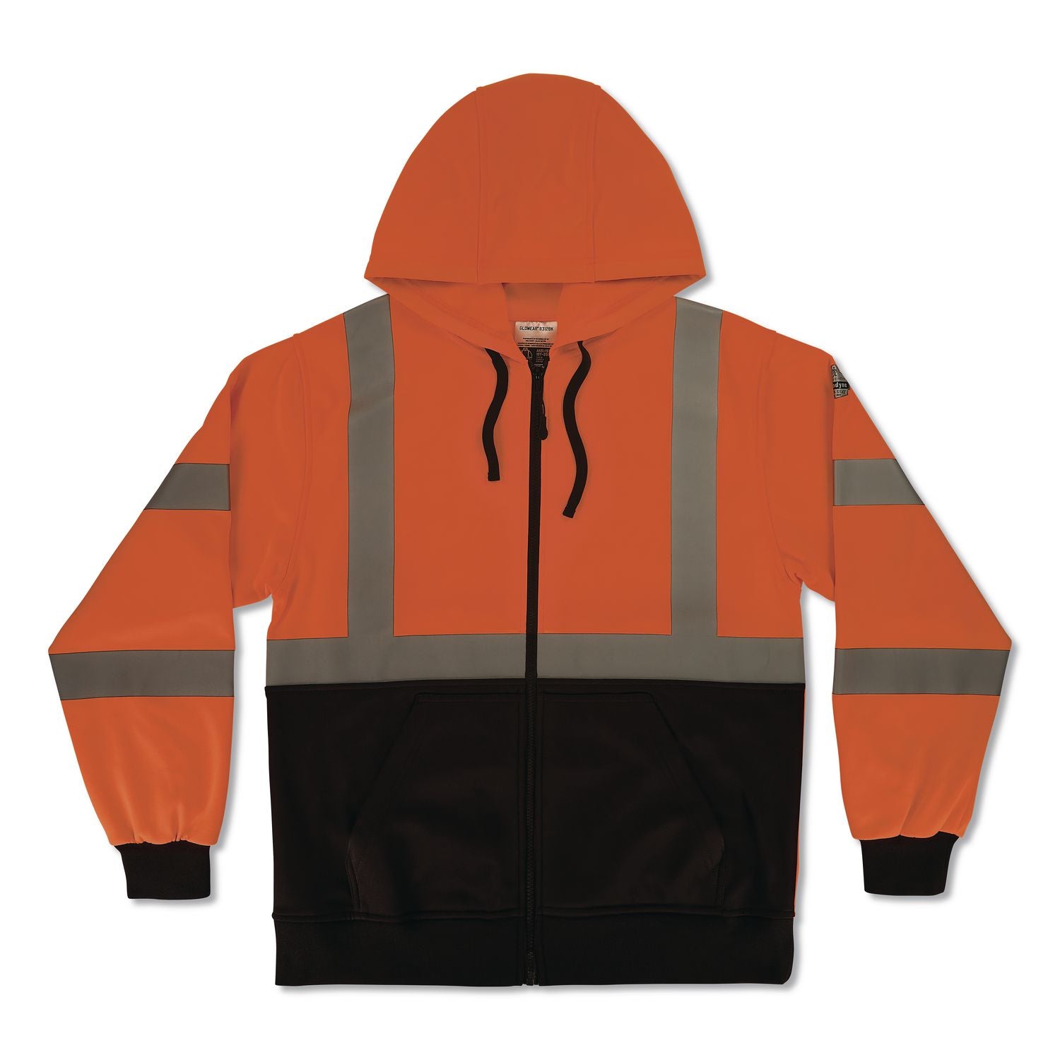 GloWear 8312BK Class 3 Essential Hi-Vis Hooded Zip-Up Sweatshirt with Black Bottom, Medium, Orange