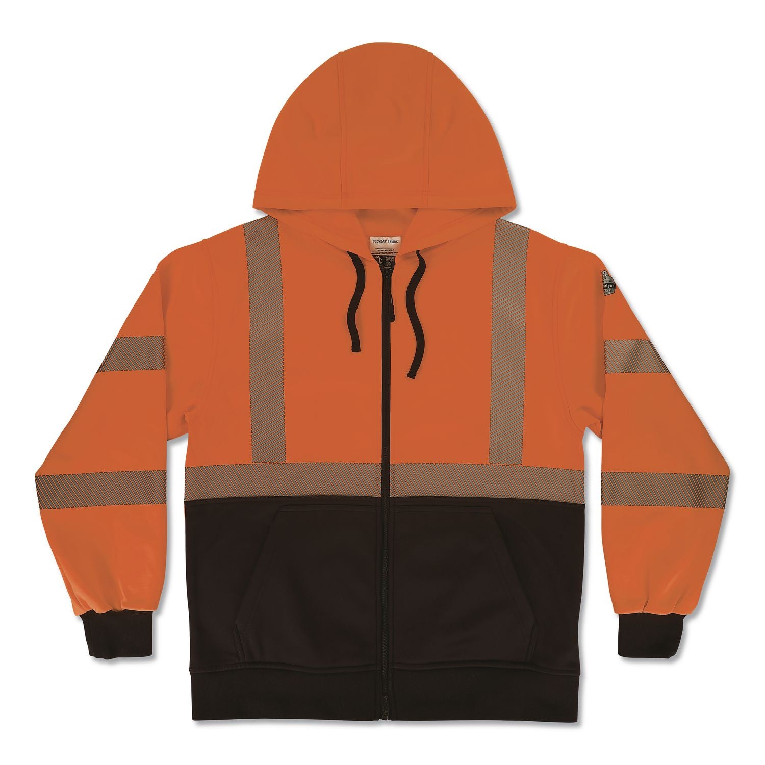 GloWear 8318BK Class 3 Performance Hi-Vis Hooded Zip-Up Sweatshirt with Black Bottom, Large, Orange