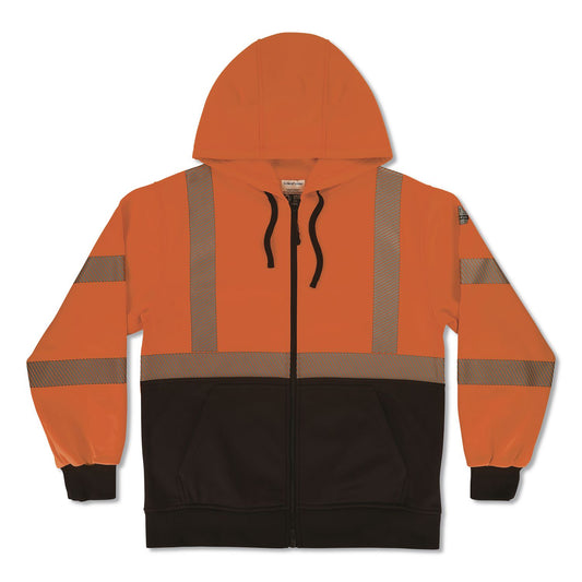 GloWear 8318BK Class 3 Performance Hi-Vis Hooded Zip-Up Sweatshirt with Black Bottom, X-Large, Orange