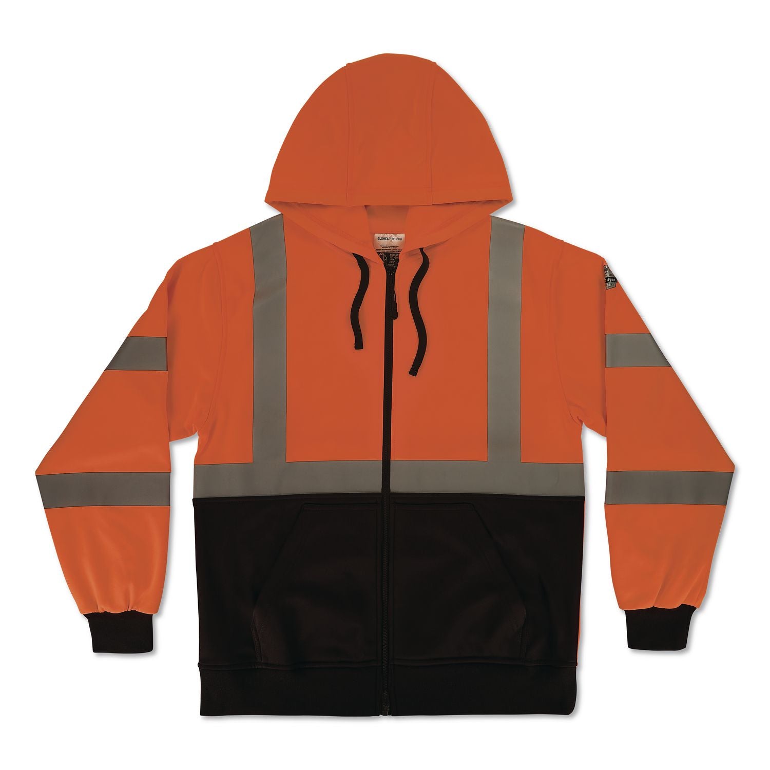 GloWear 8312BK Class 3 Essential Hi-Vis Hooded Zip-Up Sweatshirt with Black Bottom, 2X-Large, Orange