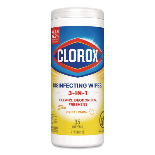 Disinfecting Wipes, Bleach Free Cleaning Wipes, 1-Ply, 7 x 8, Crisp Lemon, White, 35/Canister