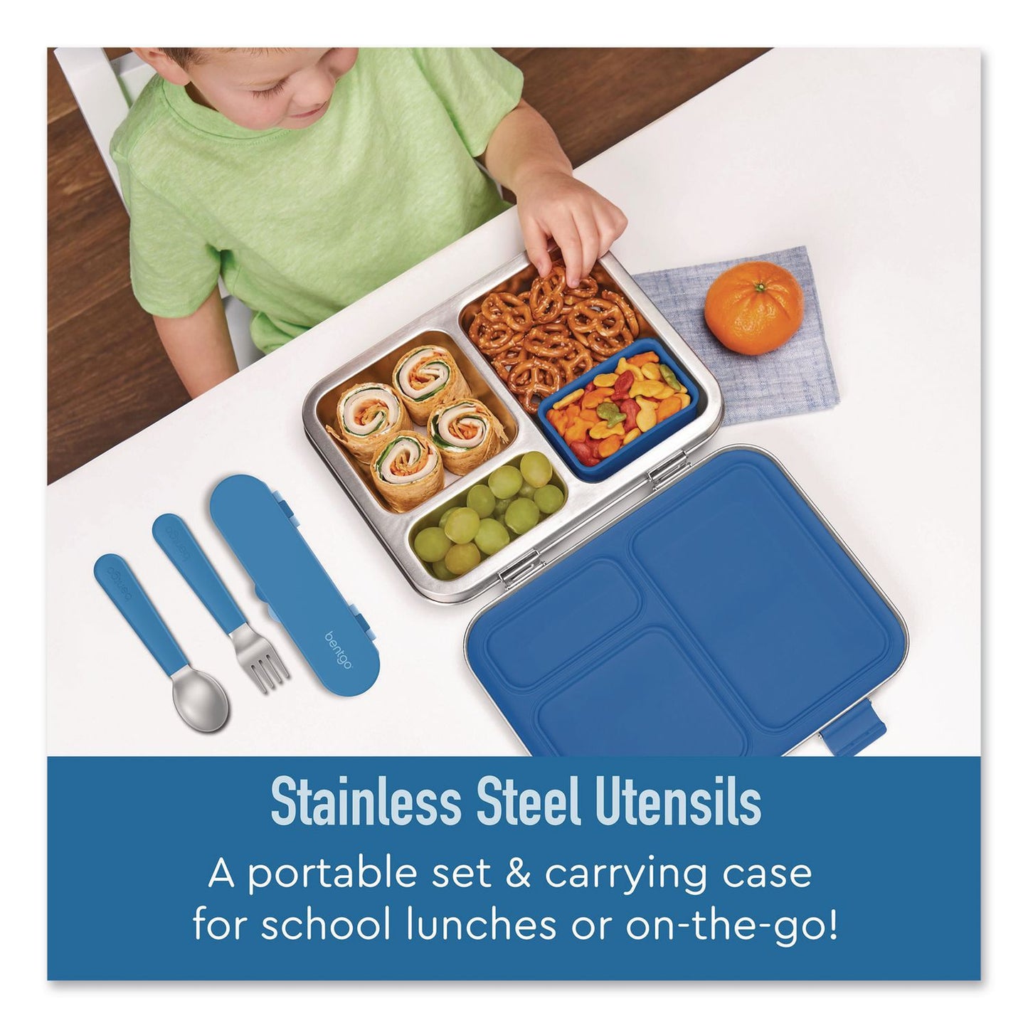 Kids Stainless Steel Utensils, 5.7 Fork, 5.8 Spoon, 2 x 6 Case, Stainless Steel/Silicone, Blue