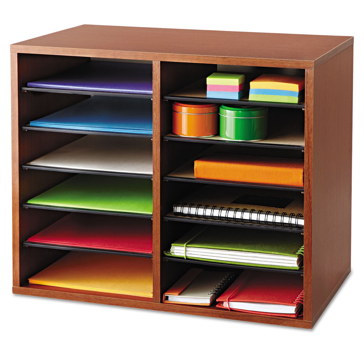 Fiberboard Literature Sorter, 12 Compartments, 19.63 x 11.88 x 16.13, Cherry